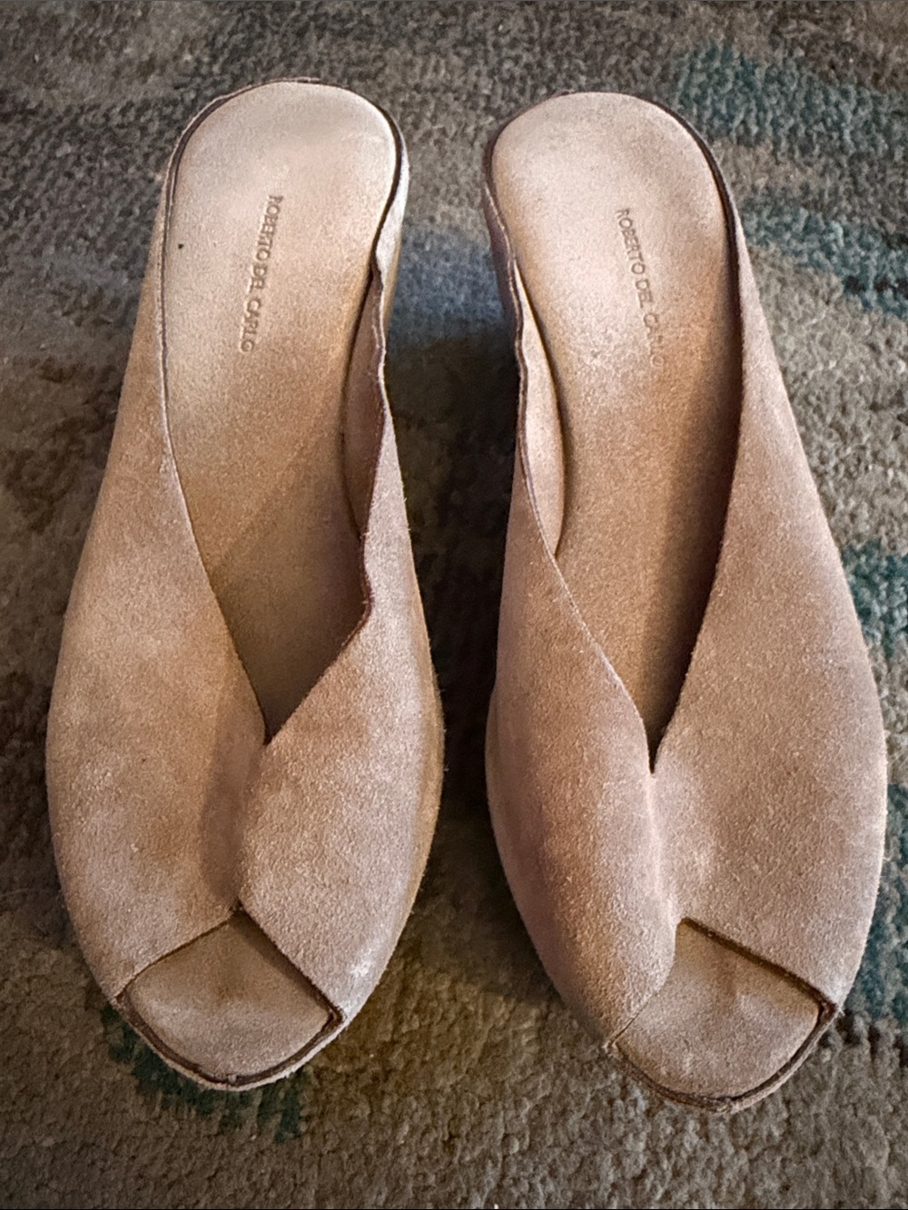 Roberto del Carlo suede, open-toe wedge mules